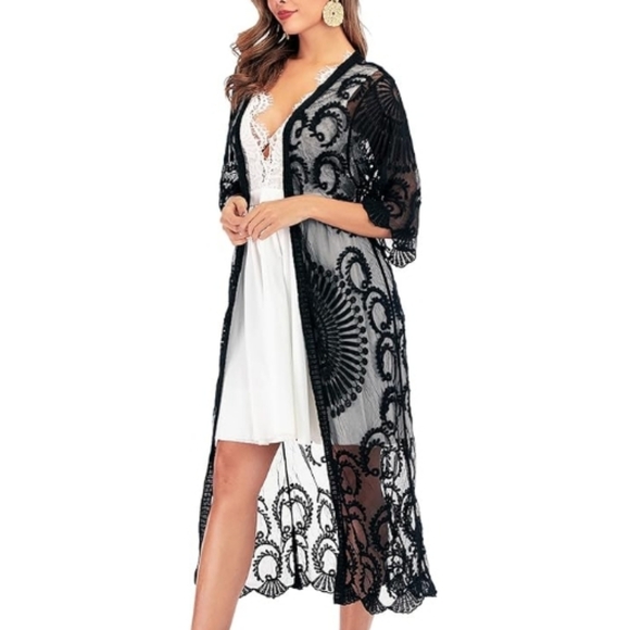 Long Flowy Lace Kimono Cardigan Boho Style Open Cover Ups Black - Picture 2 of 5
